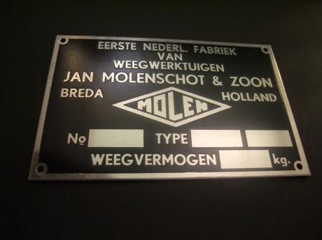 Jan Molenschot eerste Nederlandsche fabriek van weegwerktuigen Breda serviceplaatje